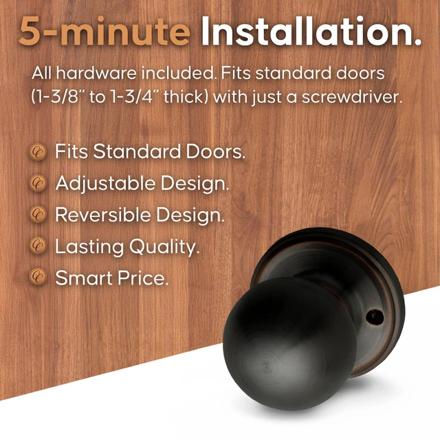 Alt view image 4 of 7 - Dummy Interior Door Knob ANSI Grade-3 Certified, Modern Heavy Duty Handle, Easy Install and Reversible for French Doors & Closets, Non Turning Tuscan Bronze (1 Pack)