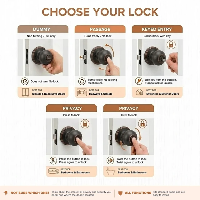 Alt view image 7 of 7 - Dummy Interior Door Knob ANSI Grade-3 Certified, Modern Heavy Duty Handle, Easy Install and Reversible for French Doors & Closets, Non Turning Tuscan Bronze (1 Pack)