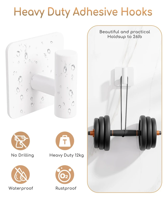 Alt view image 6 of 7 - 4 Pack Large Heavy Duty Wall Hooks - 26lb Max, Stainless Steel Adhesive Towel Hook, Shower Hooks for Hanging Towel, Coat, Robe, Wall Hook for Use in Bathroom, Kitchen and Door, White