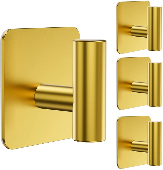 Main image of 4 Pack Large Heavy Duty Wall Hooks - 26lb Max, Stainless Steel Adhesive Towel Hook, Shower Hooks for Hanging Towel, Coat, Robe, Wall Hook for Use in Bathroom, Kitchen and Door, Gold