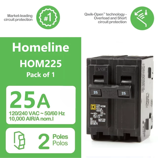 Alt view image 2 of 7 - Genuine Square D HOM225 Circuit Breaker Kit Bundle (1 Pack), 25 Amp (25A) Double Pole, 120/240V, 10kAIC, UL Listed, Plug-On for Homeline Load Centers & Panel Box, New Replacement
