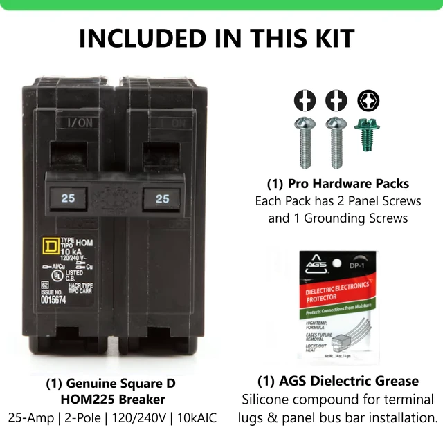 Alt view image 5 of 7 - Genuine Square D HOM225 Circuit Breaker Kit Bundle (1 Pack), 25 Amp (25A) Double Pole, 120/240V, 10kAIC, UL Listed, Plug-On for Homeline Load Centers & Panel Box, New Replacement