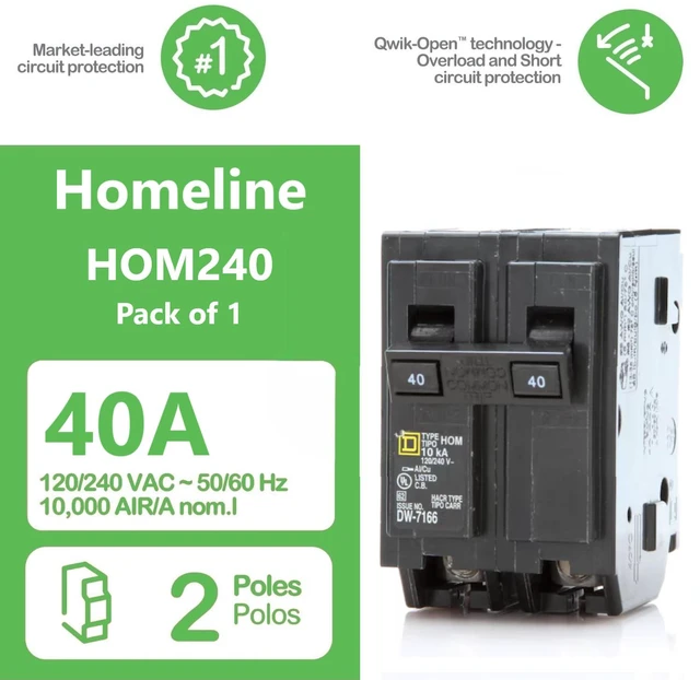Alt view image 2 of 7 - Genuine Square D HOM240 40 Amp Double Pole Circuit Breaker Kit UL Listed, Plug-On Replacement for Homeline Load Center Panel Box, 40A, 120/240V, 10kAIC, 40Amp, 2 Pole HOM Series, 1 Pack