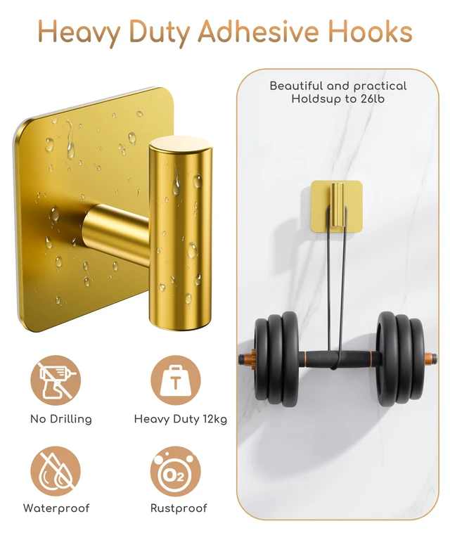 Alt view image 6 of 7 - 4 Pack Large Heavy Duty Wall Hooks - 26lb Max, Stainless Steel Adhesive Towel Hook, Shower Hooks for Hanging Towel, Coat, Robe, Wall Hook for Use in Bathroom, Kitchen and Door, Gold