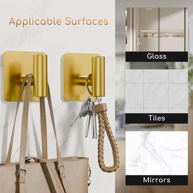 Alt view image 7 of 7 - 4 Pack Large Heavy Duty Wall Hooks - 26lb Max, Stainless Steel Adhesive Towel Hook, Shower Hooks for Hanging Towel, Coat, Robe, Wall Hook for Use in Bathroom, Kitchen and Door, Gold