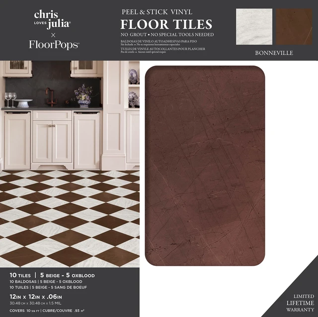 Alt view image 2 of 7 - x Chris Loves Julia Bonneville Oxblood Peel and Stick Floor Tiles, FP6333