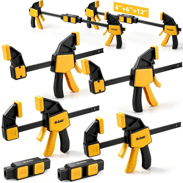 Main image of 6-Pack Wood Clamps for Woodworking, 4-Piece 6" Bar Clamps with 2-Piece Clamp Connectors, Quick-Release Wood Clamps with 150 LBS Load Limit, Trigger Clamp Set for Woodworking DIY Projects
