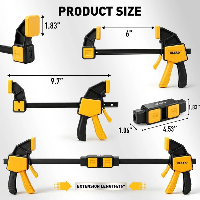 Alt view image 2 of 7 - 6-Pack Wood Clamps for Woodworking, 4-Piece 6" Bar Clamps with 2-Piece Clamp Connectors, Quick-Release Wood Clamps with 150 LBS Load Limit, Trigger Clamp Set for Woodworking DIY Projects