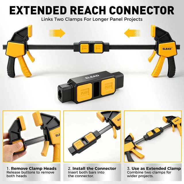 Alt view image 3 of 7 - 6-Pack Wood Clamps for Woodworking, 4-Piece 6" Bar Clamps with 2-Piece Clamp Connectors, Quick-Release Wood Clamps with 150 LBS Load Limit, Trigger Clamp Set for Woodworking DIY Projects