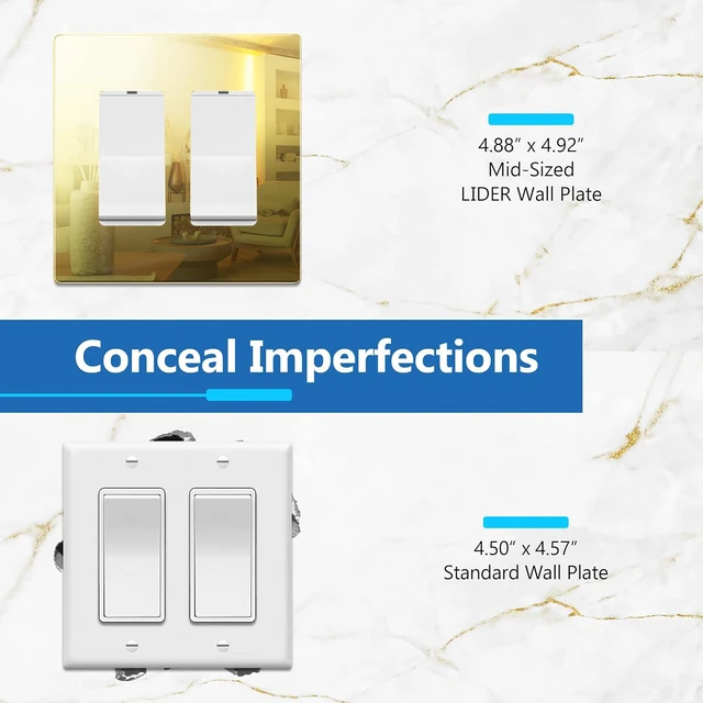 Alt view image 2 of 7 - Double Decorator Wall Plate, Mid-Size 2-Gang, Mirror Glass Gold Screwless Light Switch/Outlet Cover, Impact Resistant, Reflective, Plexiglass, Tough And Heat Resistant, Easy Installation
