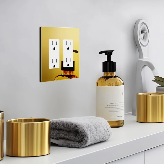 Alt view image 5 of 7 - Double Decorator Wall Plate, Mid-Size 2-Gang, Mirror Glass Gold Screwless Light Switch/Outlet Cover, Impact Resistant, Reflective, Plexiglass, Tough And Heat Resistant, Easy Installation