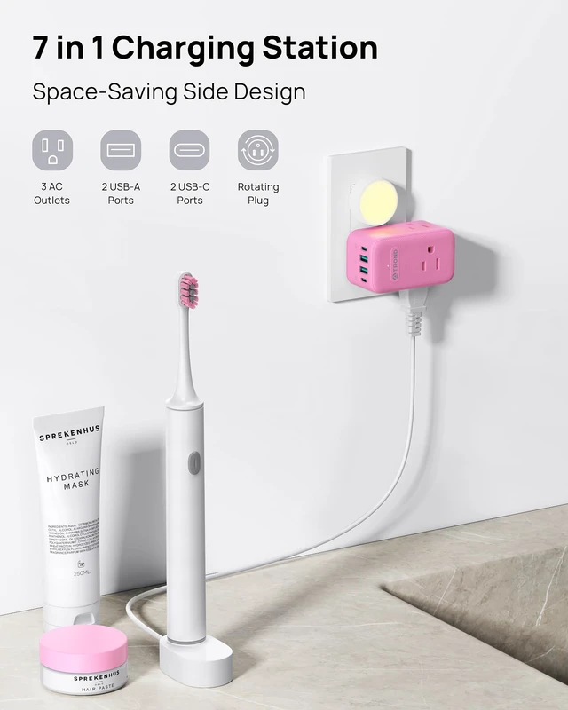 Alt view image 2 of 7 - Outlet Extender with USB C, 3 AC Outlet Splitter with 360 Rotation Multiple Wall Plug with 2 PD 20W USB C Ports, Cute Pink Plug Extension for Home Decoration, Travel Cruise Essentials
