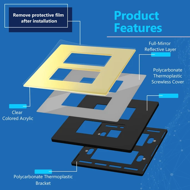 Alt view image 6 of 7 - Double Decorator Wall Plate, Mid-Size 2-Gang, Mirror Glass Gold Screwless Light Switch/Outlet Cover, Impact Resistant, Reflective, Plexiglass, Tough And Heat Resistant, Easy Installation