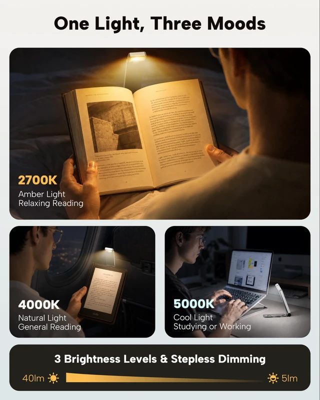 Alt view image 3 of 7 - Book Light, Rechargeable Clip-On LED Reading Light for Bed 3 Color Temperatures with Stepless Dimming, Ultralight Bookmark Design for Book Lovers, Silver