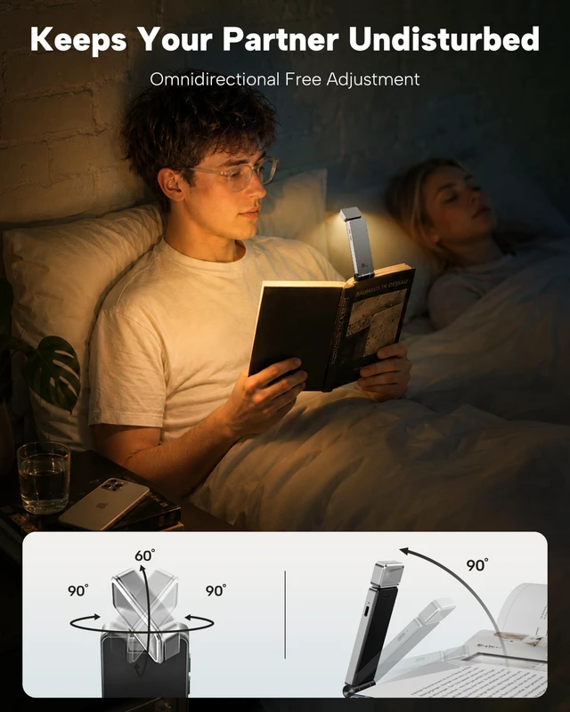 Alt view image 4 of 7 - Book Light, Rechargeable Clip-On LED Reading Light for Bed 3 Color Temperatures with Stepless Dimming, Ultralight Bookmark Design for Book Lovers, Silver