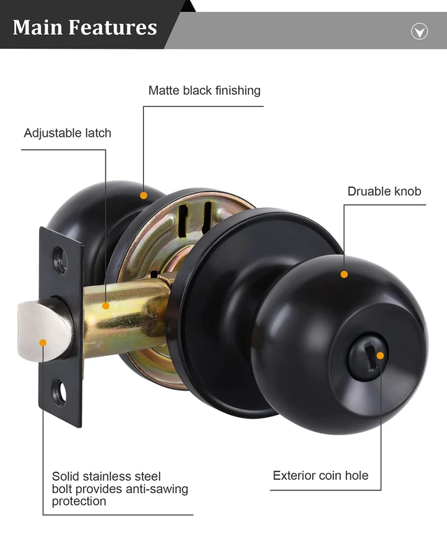 Alt view image 2 of 6 - (5Pack) Matte Black Privacy Door Knobs with Lock for Bedroom/Bathroom, Keyless Interior Door Lock, Stainless Steel Door Handles