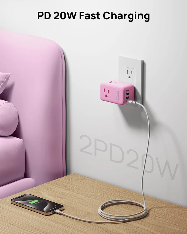 Alt view image 4 of 7 - Outlet Extender with USB C, 3 AC Outlet Splitter with 360 Rotation Multiple Wall Plug with 2 PD 20W USB C Ports, Cute Pink Plug Extension for Home Decoration, Travel Cruise Essentials