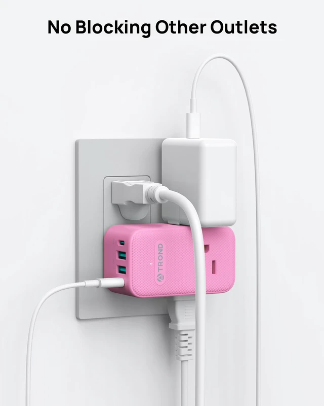 Alt view image 5 of 7 - Outlet Extender with USB C, 3 AC Outlet Splitter with 360 Rotation Multiple Wall Plug with 2 PD 20W USB C Ports, Cute Pink Plug Extension for Home Decoration, Travel Cruise Essentials