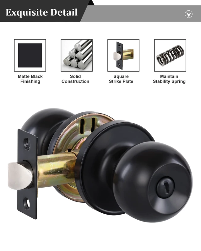 Alt view image 3 of 6 - (5Pack) Matte Black Privacy Door Knobs with Lock for Bedroom/Bathroom, Keyless Interior Door Lock, Stainless Steel Door Handles