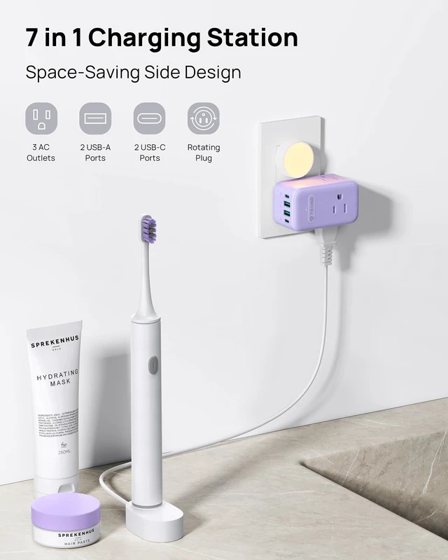 Alt view image 2 of 7 - Multi Plug Wall Outlet, 3 AC Outlet Extender with 360 Rotating Plug Small Wall Adapter with 2 PD 20W USB C, Cute and Durable for Purple Lovers, Goes with All Scenes Purple Vibe