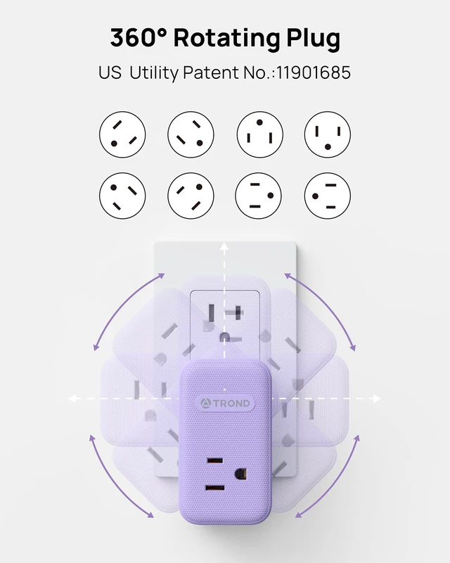 Alt view image 3 of 7 - Multi Plug Wall Outlet, 3 AC Outlet Extender with 360 Rotating Plug Small Wall Adapter with 2 PD 20W USB C, Cute and Durable for Purple Lovers, Goes with All Scenes Purple Vibe
