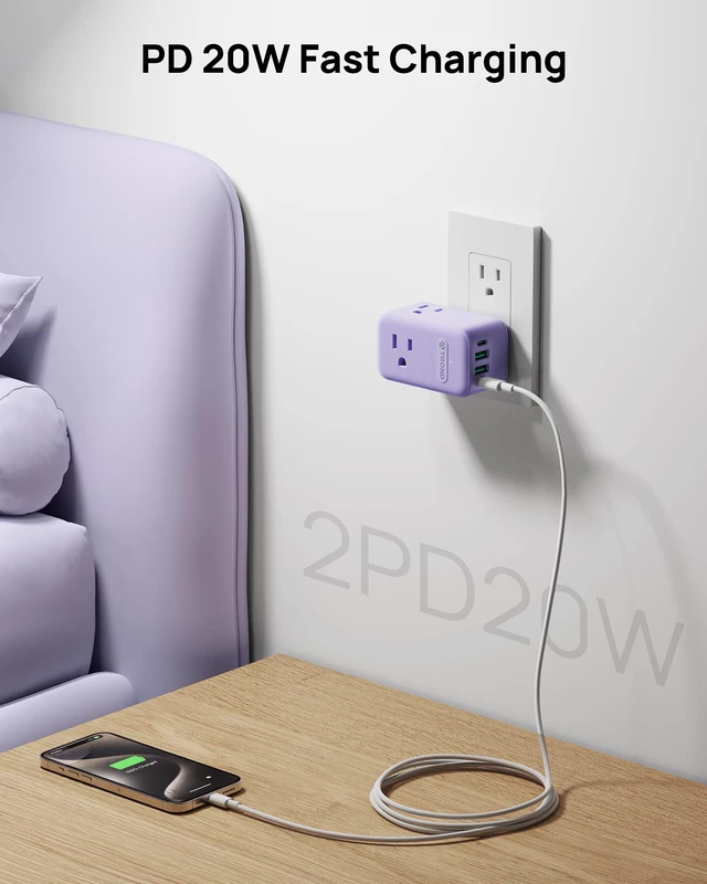 Alt view image 4 of 7 - Multi Plug Wall Outlet, 3 AC Outlet Extender with 360 Rotating Plug Small Wall Adapter with 2 PD 20W USB C, Cute and Durable for Purple Lovers, Goes with All Scenes Purple Vibe