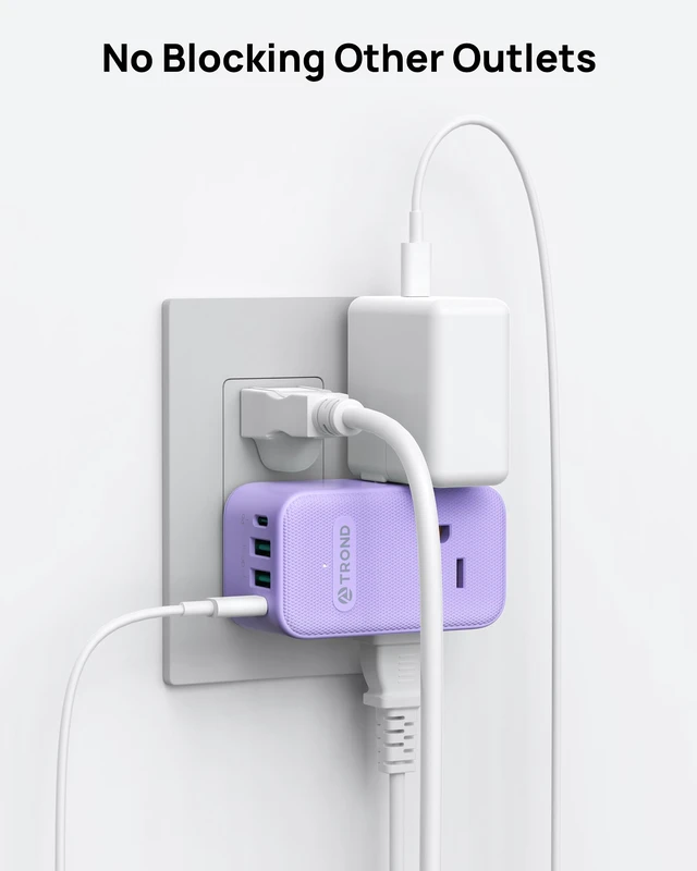 Alt view image 5 of 7 - Multi Plug Wall Outlet, 3 AC Outlet Extender with 360 Rotating Plug Small Wall Adapter with 2 PD 20W USB C, Cute and Durable for Purple Lovers, Goes with All Scenes Purple Vibe