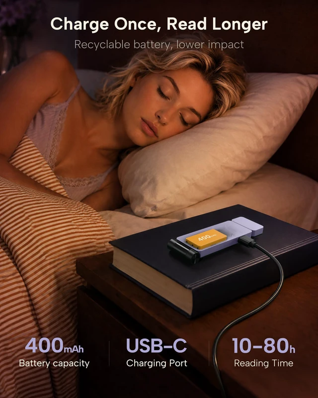 Alt view image 5 of 7 - Book Light, Rechargeable Clip-On LED Reading Light for Bed 3 Color Temperatures with Stepless Dimming, Ultralight Bookmark Design for Book Lovers, Purple
