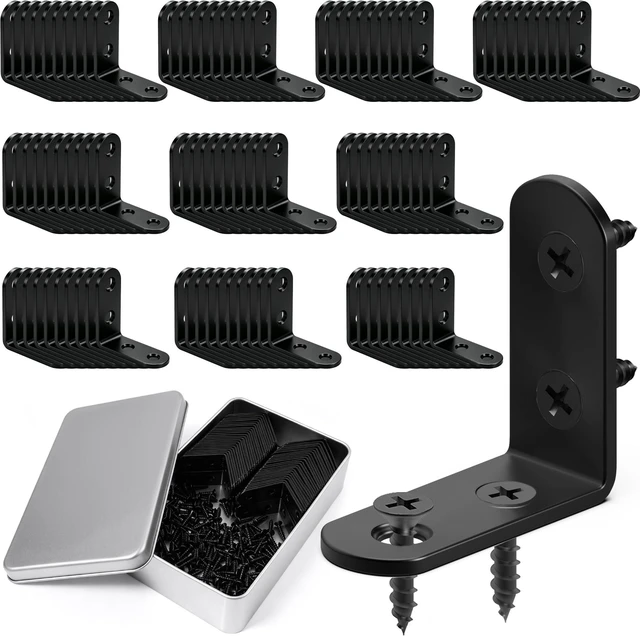 Main image of 100PCS L Bracket Corner Brace Set, Stainless Steel Corner Bracket Black Small Right Angle Bracket, Metal L Brackets for Shelves, Wood Furniture, Cabinets, Chairs, 400PCS Screws, 1.57x1.57 in