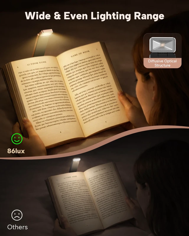 Alt view image 2 of 7 - Book Light, Rechargeable Clip-On LED Reading Light for Bed & Night Use - 3 Color Temperatures with Stepless Dimming, Ultralight Bookmark Design for Kids, Book Lovers, Pink Brown