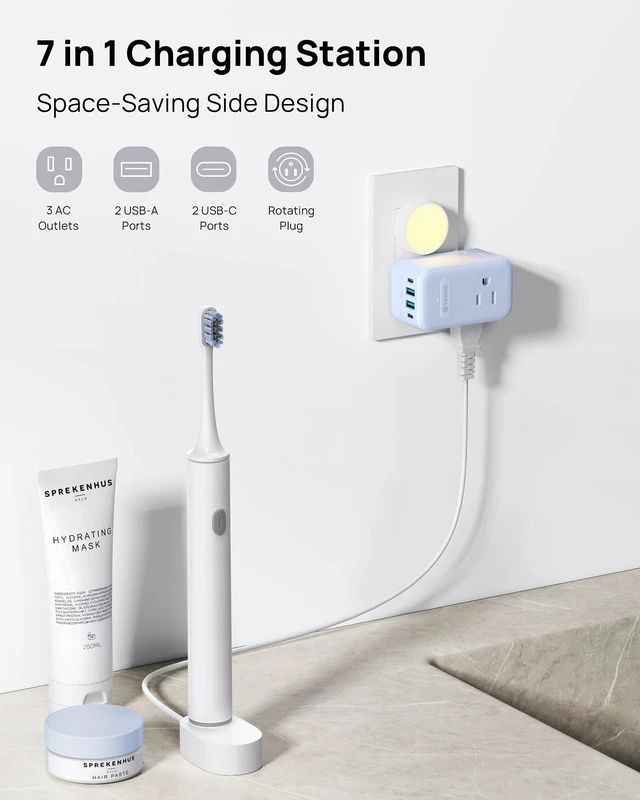 Alt view image 2 of 7 - Outlet Extender with 360 Rotating Plug, 3 Way Plug Adapter 2 PD 20W USB C Outlet Splitter, Multi Wall Adapter, Colorful Outlet Extension for Home Decoration, Travel Cruise Essentials