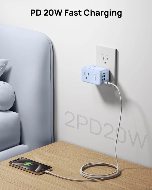 Alt view image 4 of 7 - Outlet Extender with 360 Rotating Plug, 3 Way Plug Adapter 2 PD 20W USB C Outlet Splitter, Multi Wall Adapter, Colorful Outlet Extension for Home Decoration, Travel Cruise Essentials