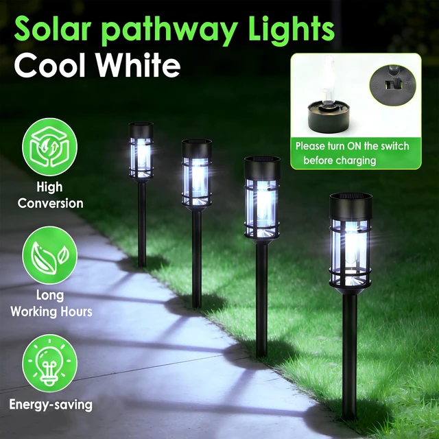Alt view image 2 of 7 - Solar Pathway Lights Outdoor, 8 Pack Metal Glass Solar Lights Outdoor Waterproof Auto On/Off Landscape Path Lighting Garden Decor for Yard Walkway Driveway, Cool White