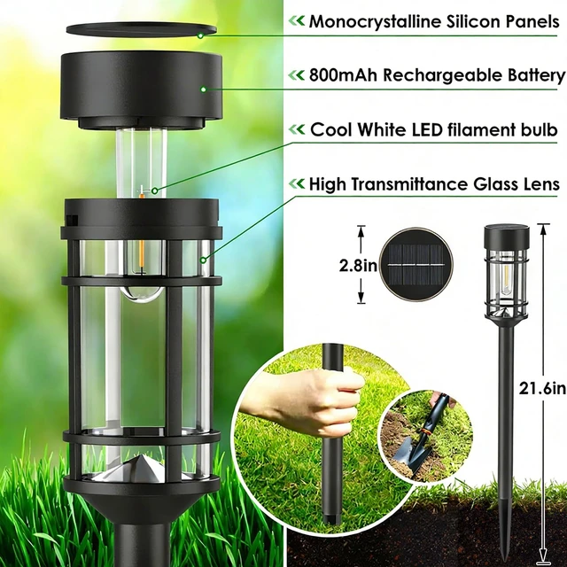 Alt view image 3 of 7 - Solar Pathway Lights Outdoor, 8 Pack Metal Glass Solar Lights Outdoor Waterproof Auto On/Off Landscape Path Lighting Garden Decor for Yard Walkway Driveway, Cool White