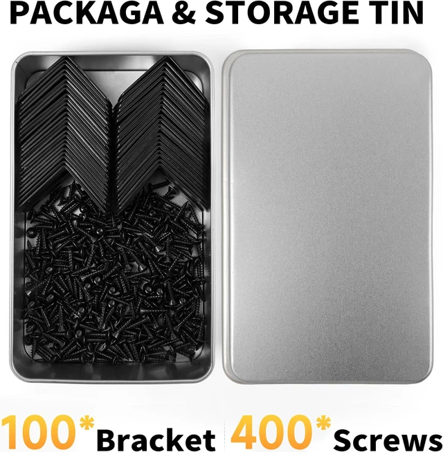Alt view image 3 of 7 - 100PCS L Bracket Corner Brace Set, Stainless Steel Corner Bracket Black Small Right Angle Bracket, Metal L Brackets for Shelves, Wood Furniture, Cabinets, Chairs, 400PCS Screws, 1.57x1.57 in