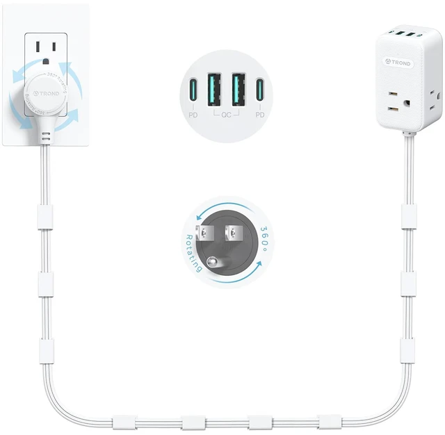 Main image of Electrical Outlet Extender 360° Rotating Plug with 20W USB C, 6ft Long Extension Cord, Wall Plug Adapter with 3 AC Outlets, Access Hard-to-Reach Outlets Use Behind Couches, Desk, White