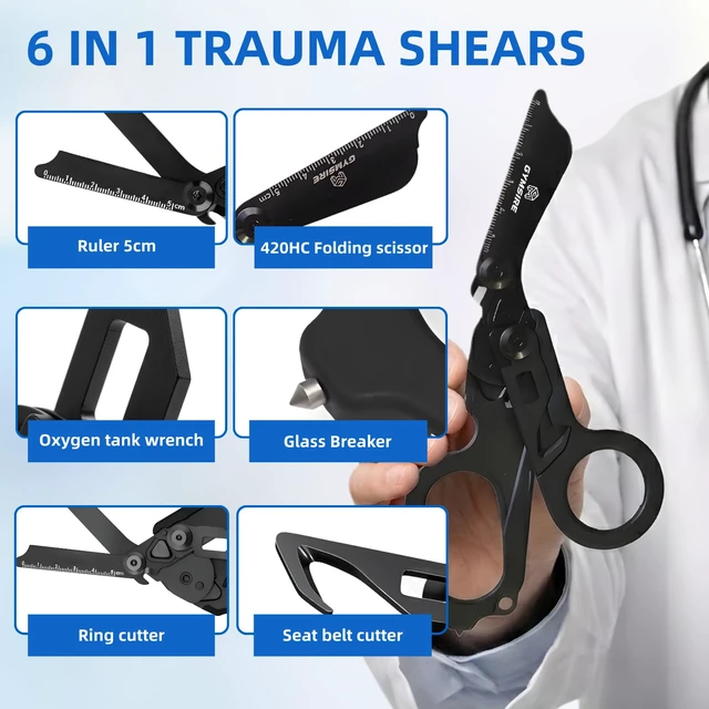Alt view image 2 of 7 - Heavy Duty 6 in 1 Multifunctional Trauma Shears Foldable | Stainless Steel Emergency Response Scissors | Survival Shears With Holster | Medical Trauma Shears Tactical With Strap Cutter | Matte Black