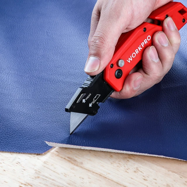 Alt view image 6 of 7 - Folding Utility Knife with 10 Blades, Red Razor Knife with Belt Clip, Lightweight Nylon Handle, Wire Stripper & Gut Hook, Utility Cutter with 10-piece Extra Blades