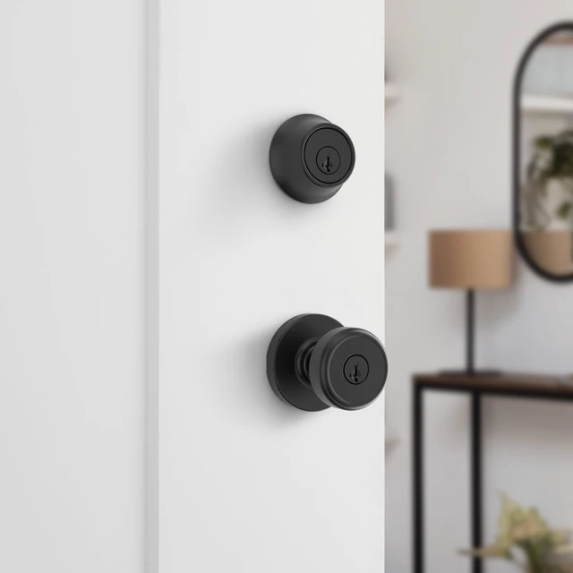 Alt view image 2 of 7 - Maven Front Door Lock Handle and Deadbolt Set, Entry Handleset Round Exterior with Interior Door Knob, Secure Locking Deadbolt, Matte Black, with Microban Protection