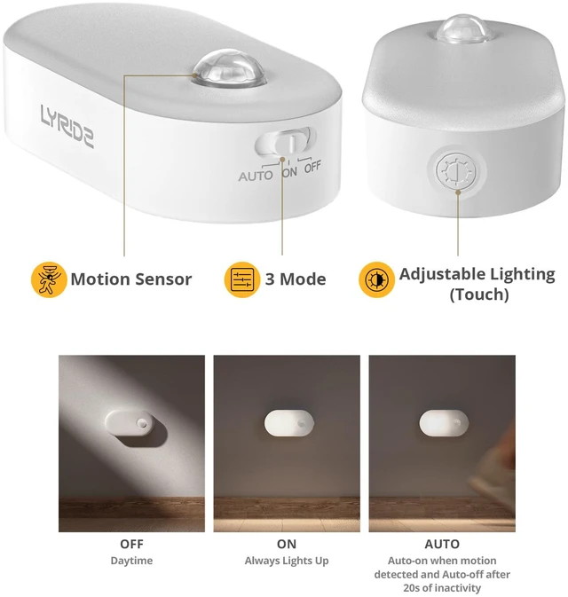 Alt view image 3 of 7 - Rechargeable Motion Sensor Night Light, Cool White LED Stick-on Closet Light with Dusk to Dawn Sensor, 1-20LM Stepless Adjustable Brightness for Bedroom, Wall, Kitchen, Stairs, Hallway, 2-Pack