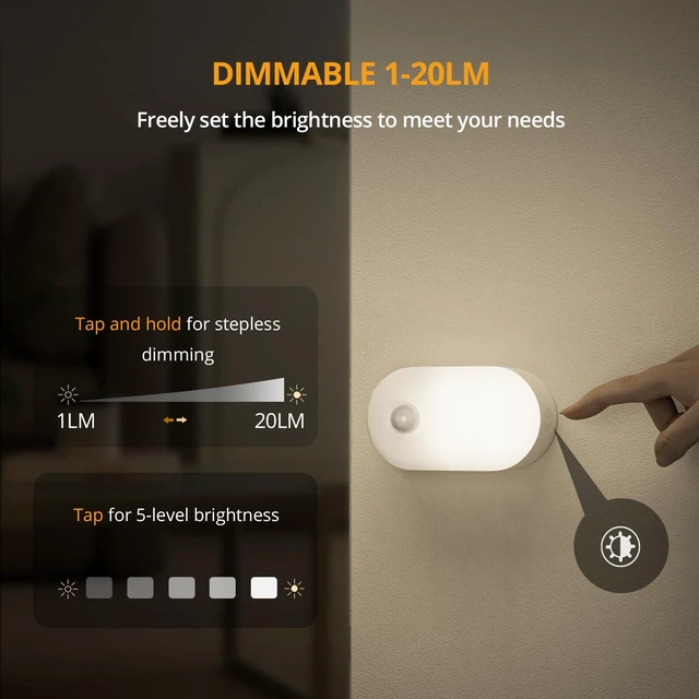 Alt view image 5 of 7 - Rechargeable Motion Sensor Night Light, Cool White LED Stick-on Closet Light with Dusk to Dawn Sensor, 1-20LM Stepless Adjustable Brightness for Bedroom, Wall, Kitchen, Stairs, Hallway, 2-Pack