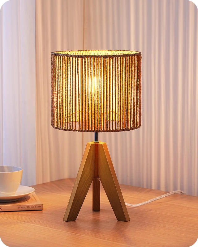 Main image of Small Rattan Table Lamp, Wood Tripod Bedside Lamp, 14.2", E26 Base Natural Style, E26 Socket, Boho Nightstand Light for Living Room, End Table, Office, Rosewood Color&Vertical Stripe Shade