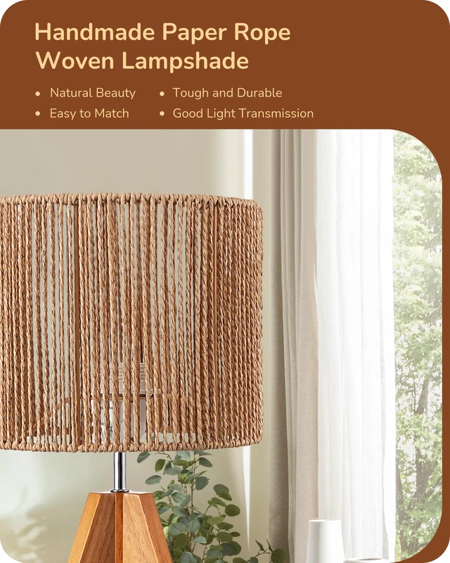 Alt view image 2 of 7 - Small Rattan Table Lamp, Wood Tripod Bedside Lamp, 14.2", E26 Base Natural Style, E26 Socket, Boho Nightstand Light for Living Room, End Table, Office, Rosewood Color&Vertical Stripe Shade