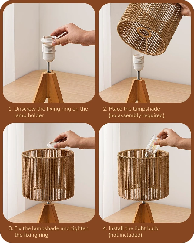 Alt view image 4 of 7 - Small Rattan Table Lamp, Wood Tripod Bedside Lamp, 14.2", E26 Base Natural Style, E26 Socket, Boho Nightstand Light for Living Room, End Table, Office, Rosewood Color&Vertical Stripe Shade