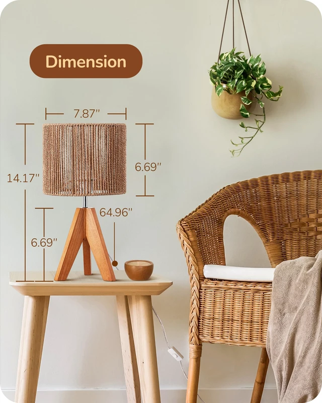 Alt view image 5 of 7 - Small Rattan Table Lamp, Wood Tripod Bedside Lamp, 14.2", E26 Base Natural Style, E26 Socket, Boho Nightstand Light for Living Room, End Table, Office, Rosewood Color&Vertical Stripe Shade