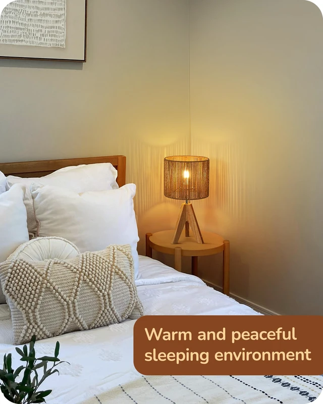 Alt view image 6 of 7 - Small Rattan Table Lamp, Wood Tripod Bedside Lamp, 14.2", E26 Base Natural Style, E26 Socket, Boho Nightstand Light for Living Room, End Table, Office, Rosewood Color&Vertical Stripe Shade