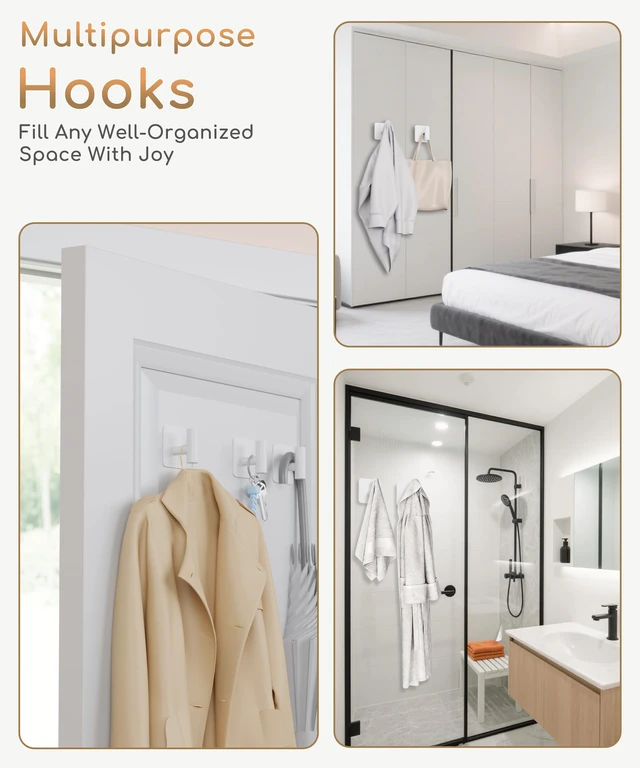 Alt view image 5 of 7 - 4 Pack Large Heavy Duty Wall Hooks - 26lb Max, Stainless Steel Adhesive Towel Hook, Shower Hooks for Hanging Towel, Coat, Robe, Wall Hook for Use in Bathroom, Kitchen and Door, White