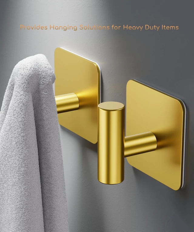 Alt view image 2 of 7 - 4 Pack Large Heavy Duty Wall Hooks - 26lb Max, Stainless Steel Adhesive Towel Hook, Shower Hooks for Hanging Towel, Coat, Robe, Wall Hook for Use in Bathroom, Kitchen and Door, Gold