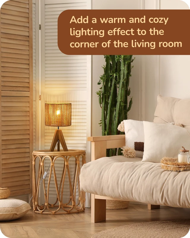 Alt view image 7 of 7 - Small Rattan Table Lamp, Wood Tripod Bedside Lamp, 14.2", E26 Base Natural Style, E26 Socket, Boho Nightstand Light for Living Room, End Table, Office, Rosewood Color&Vertical Stripe Shade