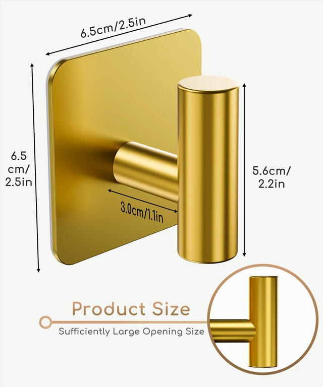 Alt view image 3 of 7 - 4 Pack Large Heavy Duty Wall Hooks - 26lb Max, Stainless Steel Adhesive Towel Hook, Shower Hooks for Hanging Towel, Coat, Robe, Wall Hook for Use in Bathroom, Kitchen and Door, Gold